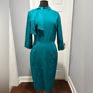 NWT Blue Teal Fitted Knee Length Dress w/ Pockets & Neck Bow by Muxxn -size 1X